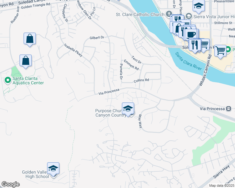 map of restaurants, bars, coffee shops, grocery stores, and more near 26540 Warbler Court in Santa Clarita