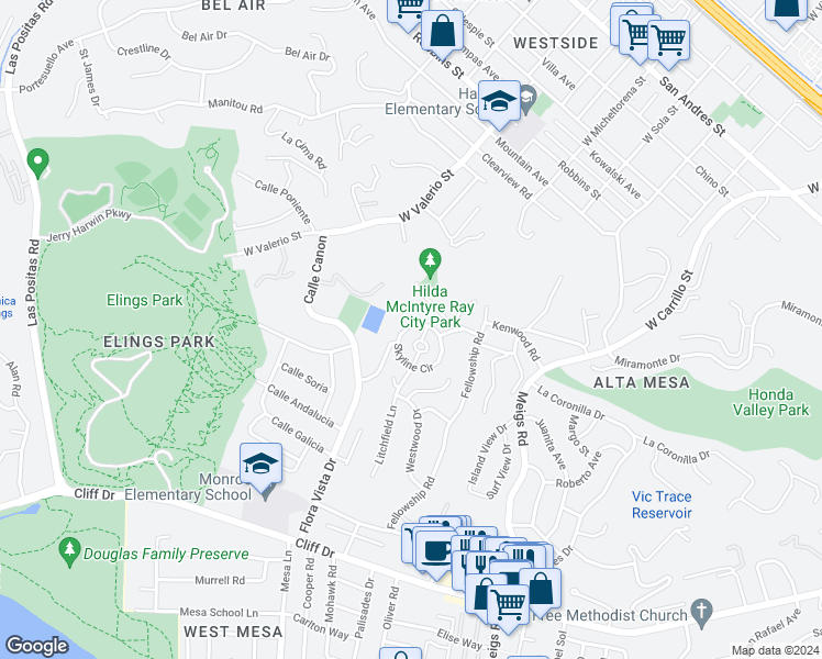 map of restaurants, bars, coffee shops, grocery stores, and more near 95 Skyline Circle in Santa Barbara