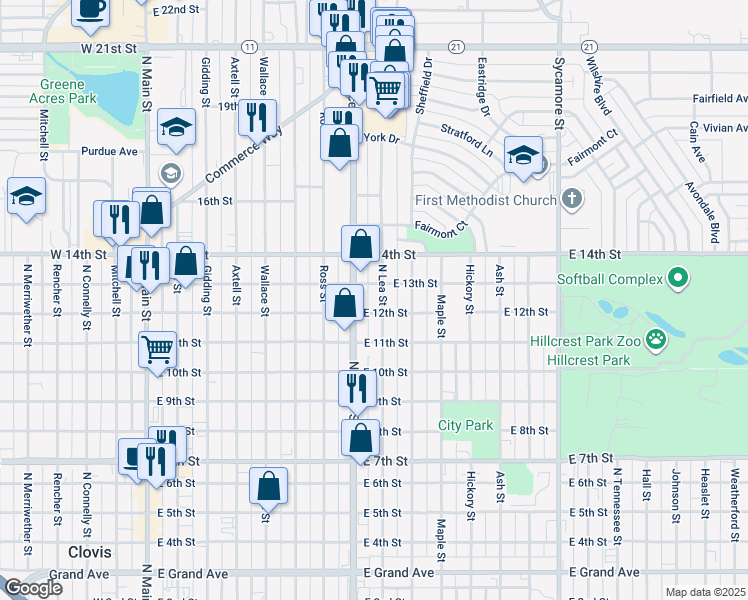 map of restaurants, bars, coffee shops, grocery stores, and more near 1200 North Lea Street in Clovis