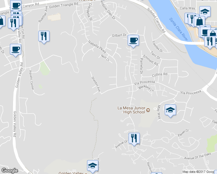 map of restaurants, bars, coffee shops, grocery stores, and more near 20216 Stevie Court in Santa Clarita