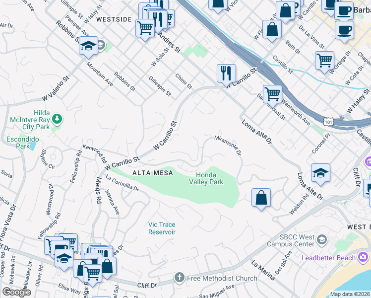 map of restaurants, bars, coffee shops, grocery stores, and more near 980 Miramonte Drive in Santa Barbara