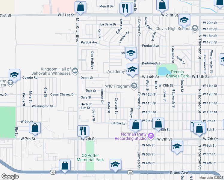 map of restaurants, bars, coffee shops, grocery stores, and more near 1037 Beta Street in Clovis