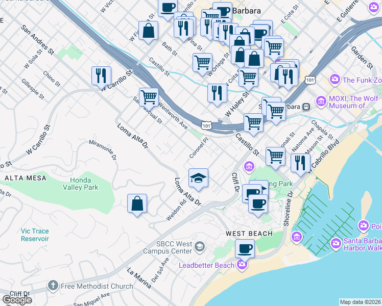 map of restaurants, bars, coffee shops, grocery stores, and more near 620 Coronel Place in Santa Barbara