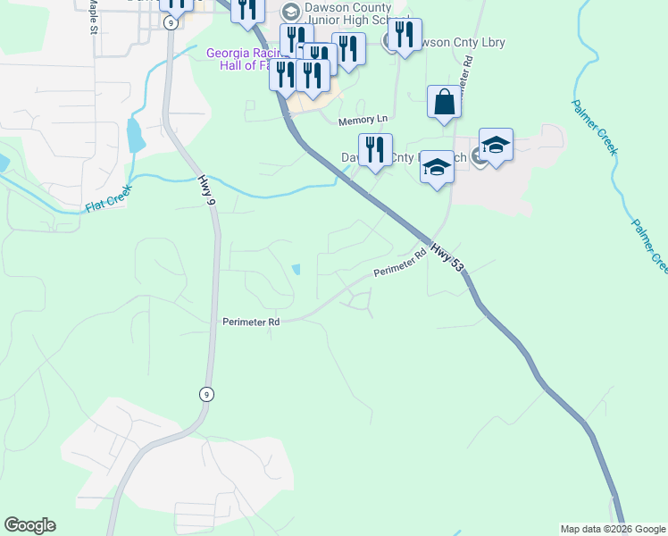 map of restaurants, bars, coffee shops, grocery stores, and more near 2120 Perimeter Road in Dawsonville