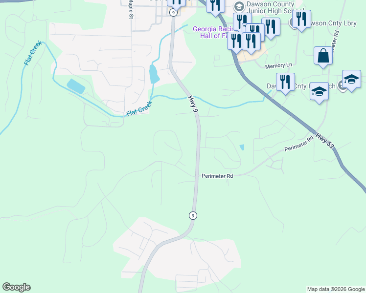 map of restaurants, bars, coffee shops, grocery stores, and more near 104 Burt's Crossing Drive in Dawsonville