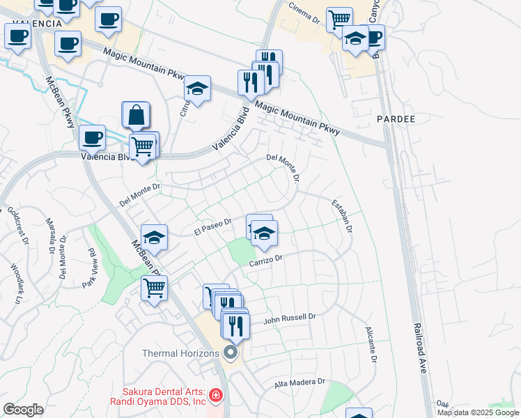 map of restaurants, bars, coffee shops, grocery stores, and more near 26052 Tampico Drive in Santa Clarita