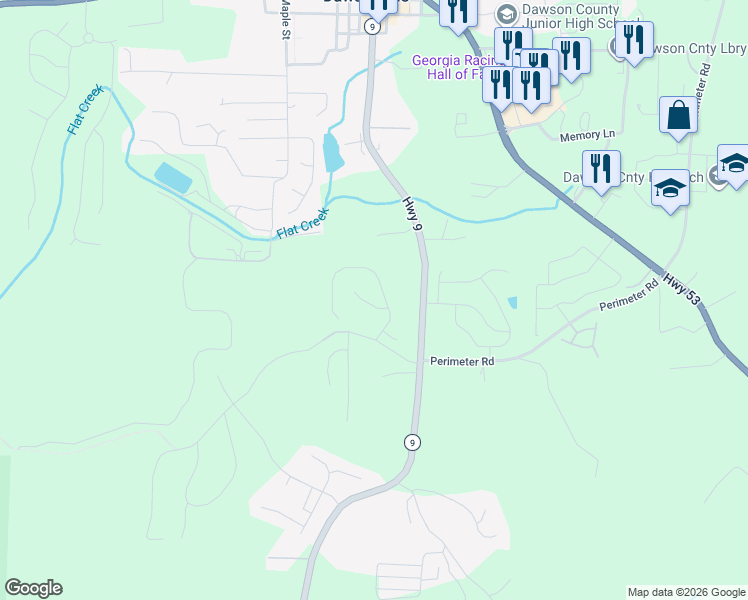 map of restaurants, bars, coffee shops, grocery stores, and more near 40 Ridge Water Lane in Dawsonville