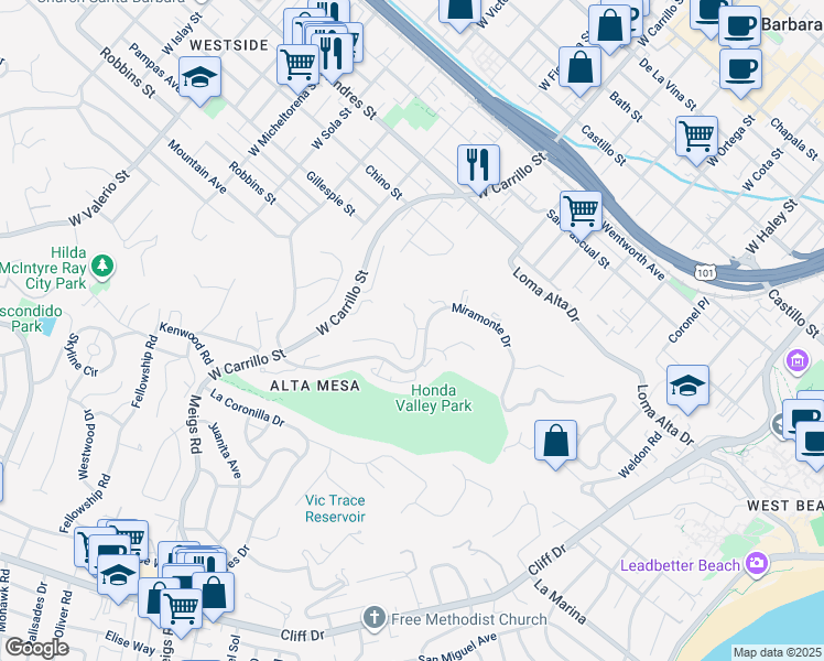 map of restaurants, bars, coffee shops, grocery stores, and more near 980 Miramonte Drive in Santa Barbara