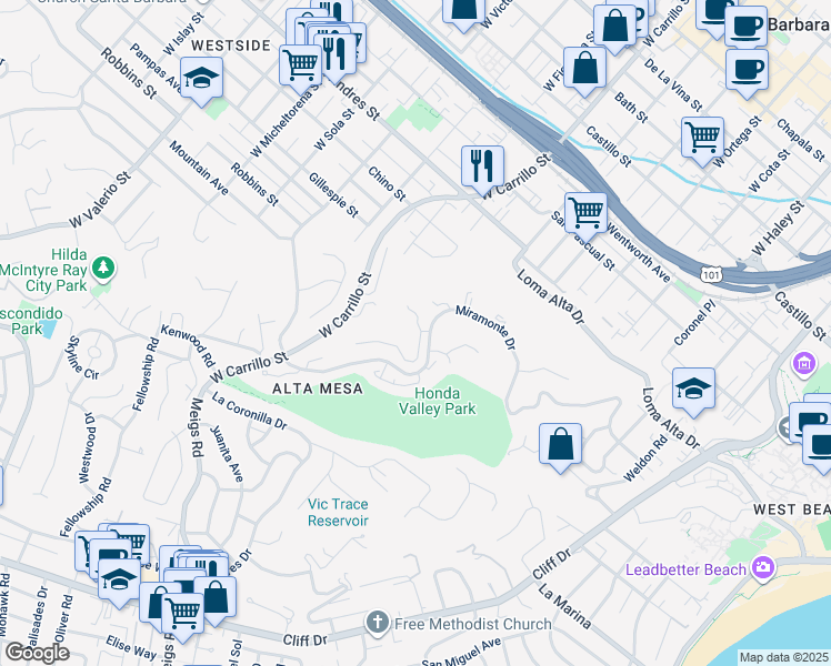 map of restaurants, bars, coffee shops, grocery stores, and more near 948 Miramonte Drive in Santa Barbara