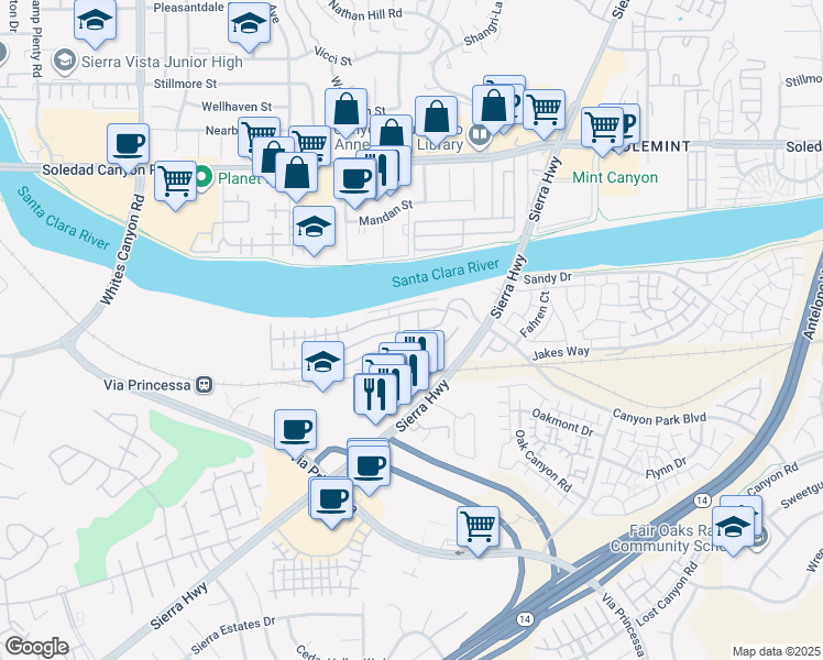 map of restaurants, bars, coffee shops, grocery stores, and more near 27361 Sierra Highway in Santa Clarita