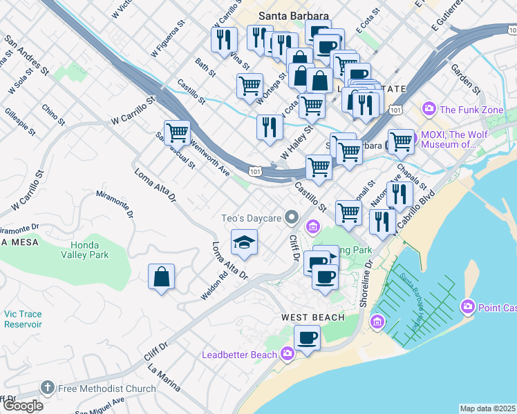 map of restaurants, bars, coffee shops, grocery stores, and more near 555 Coronel Place in Santa Barbara