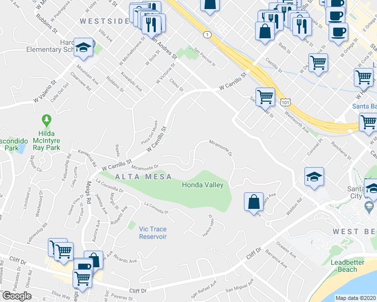 map of restaurants, bars, coffee shops, grocery stores, and more near 872 Highland Drive in Santa Barbara