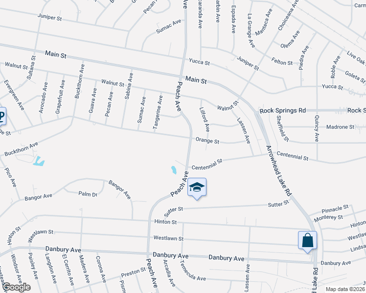 map of restaurants, bars, coffee shops, grocery stores, and more near 18425 Orange Street in Hesperia