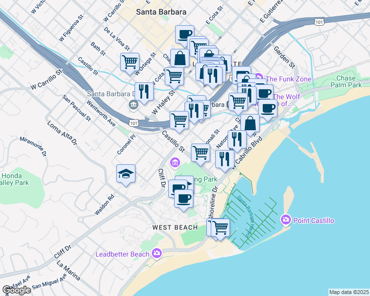 map of restaurants, bars, coffee shops, grocery stores, and more near 234 Castillo Street in Santa Barbara