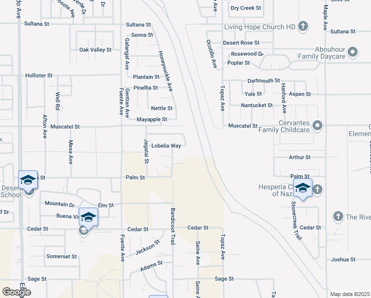 map of restaurants, bars, coffee shops, grocery stores, and more near 13929 Lobelia Way in Hesperia