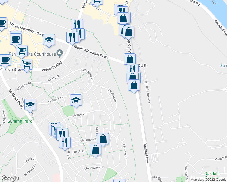 map of restaurants, bars, coffee shops, grocery stores, and more near 25916 Estaban Drive in Santa Clarita