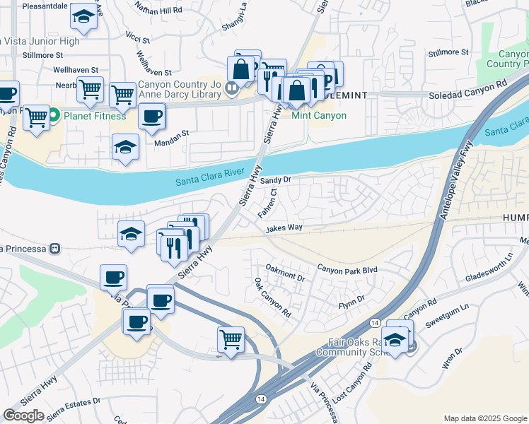 map of restaurants, bars, coffee shops, grocery stores, and more near 27327 Fahren Court in Los Angeles County