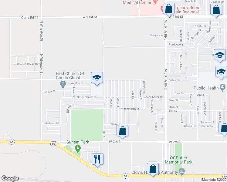 map of restaurants, bars, coffee shops, grocery stores, and more near 1213 Pecos Street in Clovis