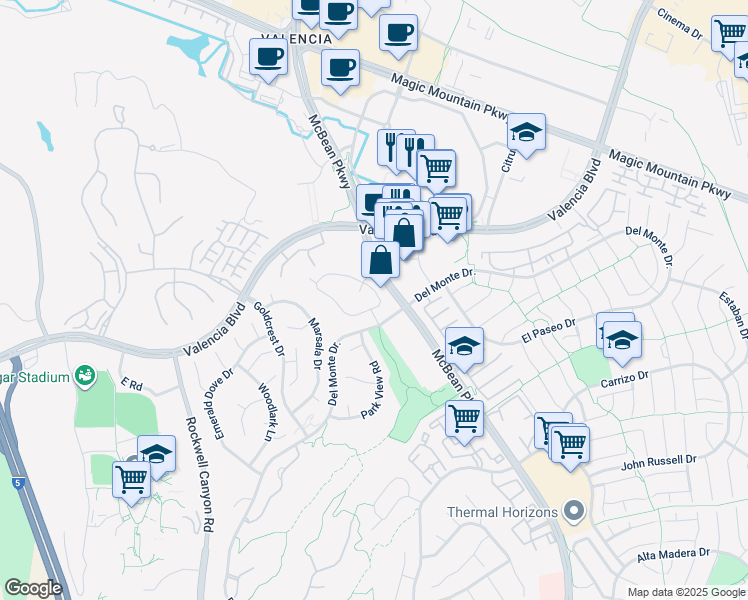 map of restaurants, bars, coffee shops, grocery stores, and more near 24109 Del Monte Drive in Santa Clarita