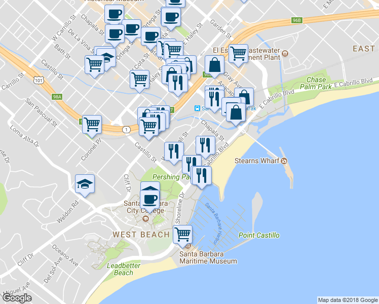 map of restaurants, bars, coffee shops, grocery stores, and more near 104 Bath Street in Santa Barbara