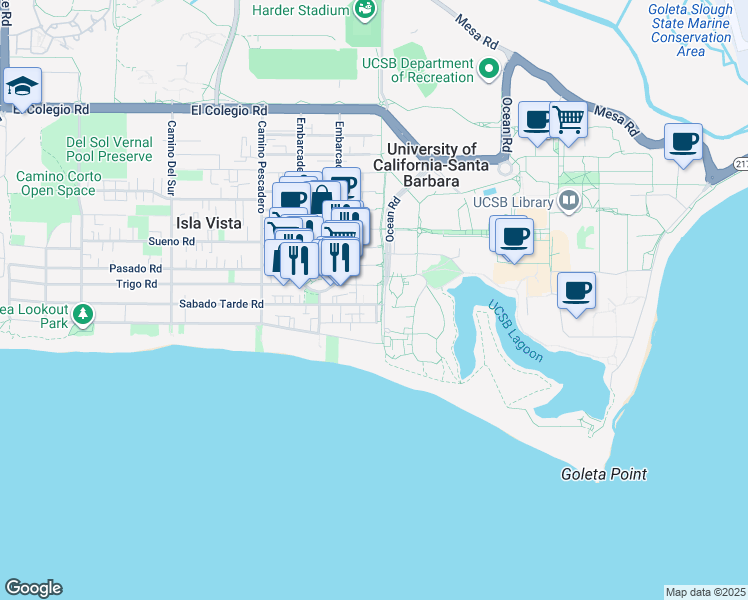 map of restaurants, bars, coffee shops, grocery stores, and more near 6520 El Nido Lane in Goleta