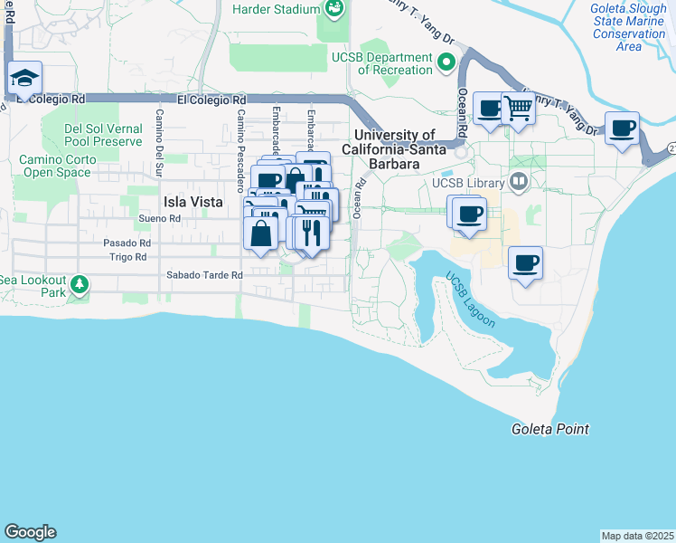 map of restaurants, bars, coffee shops, grocery stores, and more near 6520 El Nido Lane in Goleta