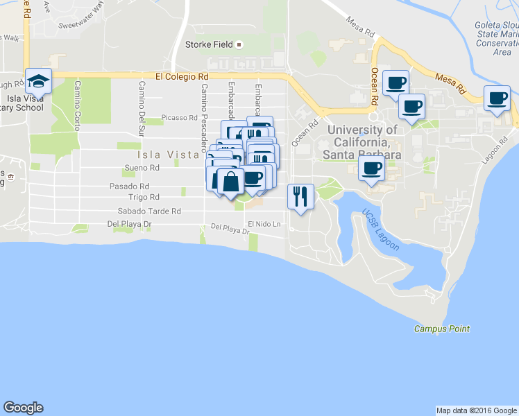 map of restaurants, bars, coffee shops, grocery stores, and more near 1020 El Embarcadero Road in Goleta