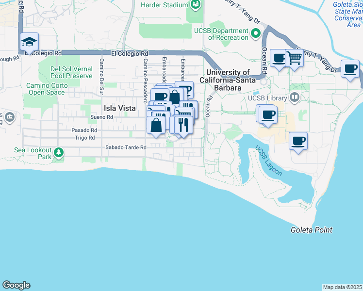 map of restaurants, bars, coffee shops, grocery stores, and more near 1020 El Embarcadero Road in Goleta