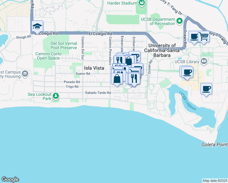 map of restaurants, bars, coffee shops, grocery stores, and more near 6571 Sabado Tarde Road in Isla Vista