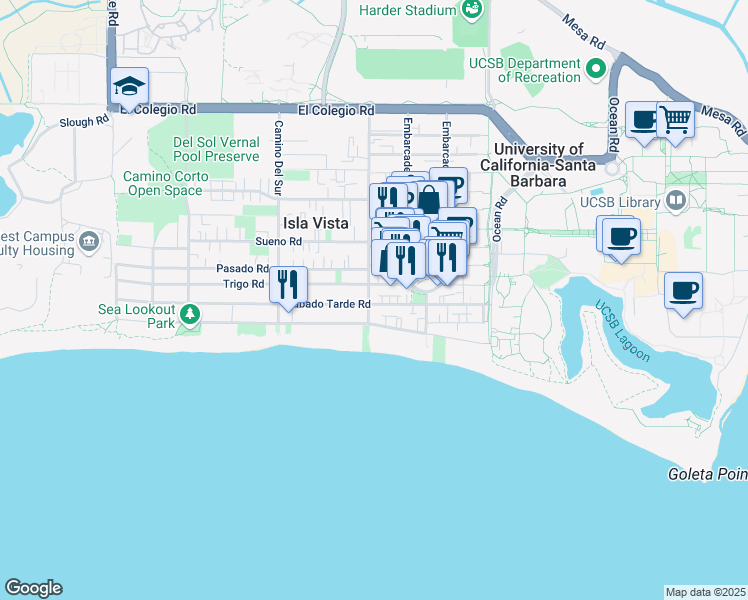 map of restaurants, bars, coffee shops, grocery stores, and more near 6606 Del Playa Drive in Goleta