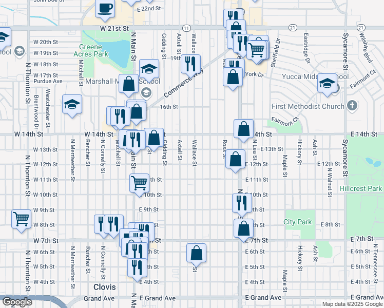 map of restaurants, bars, coffee shops, grocery stores, and more near 1218 Wallace Street in Clovis