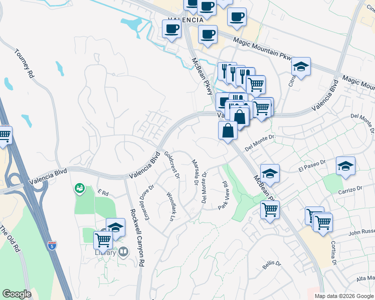 map of restaurants, bars, coffee shops, grocery stores, and more near 26426 Marsala Drive in Santa Clarita