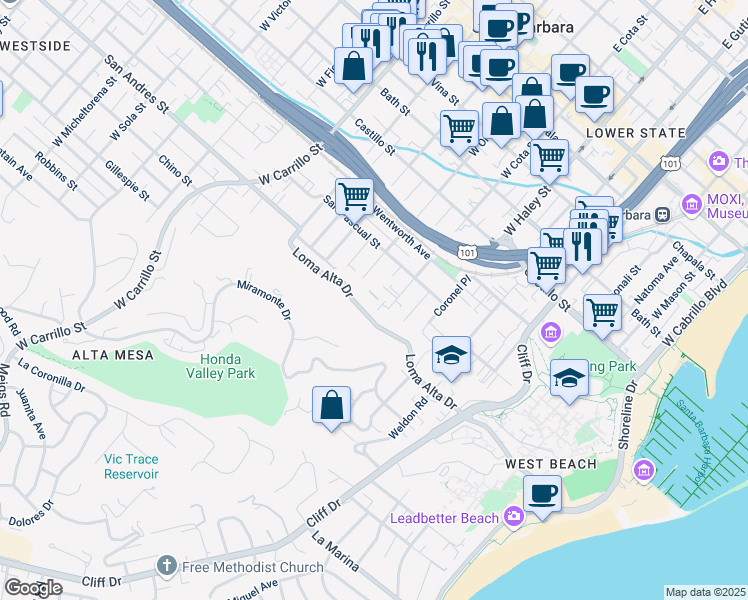 map of restaurants, bars, coffee shops, grocery stores, and more near 711 West Ortega Street in Santa Barbara