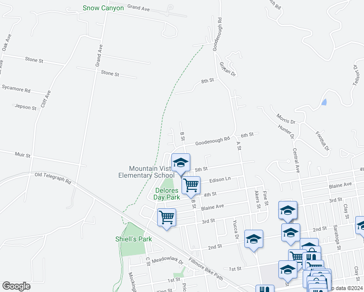 map of restaurants, bars, coffee shops, grocery stores, and more near Goodenough Road in Fillmore