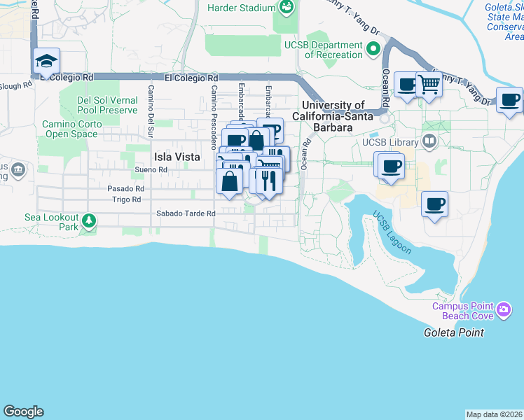 map of restaurants, bars, coffee shops, grocery stores, and more near 6542 Sabado Tarde Road in Isla Vista