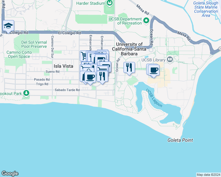 map of restaurants, bars, coffee shops, grocery stores, and more near 6510 Sabado Tarde Road in Goleta