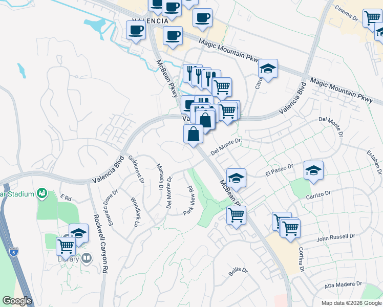 map of restaurants, bars, coffee shops, grocery stores, and more near 24109 Del Monte Drive in Santa Clarita