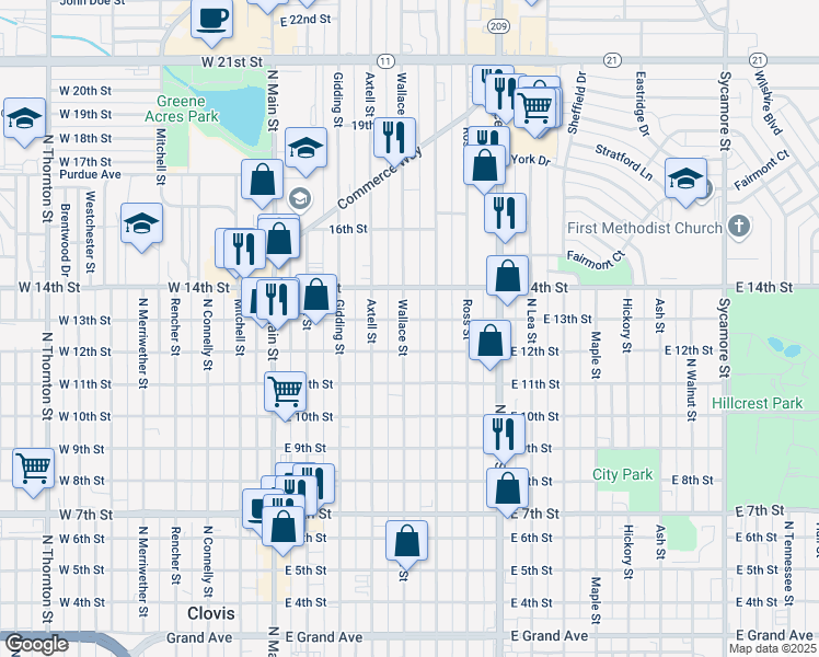 map of restaurants, bars, coffee shops, grocery stores, and more near 1219 Wallace Street in Clovis