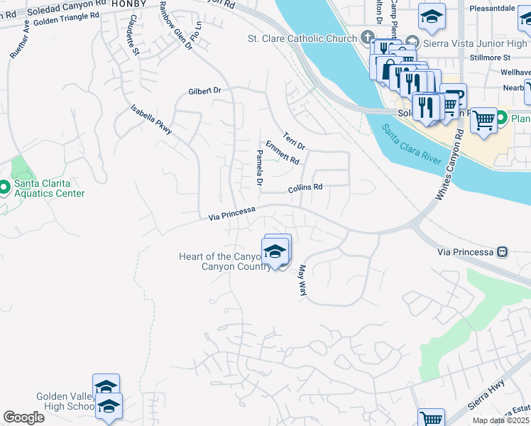 map of restaurants, bars, coffee shops, grocery stores, and more near 19855 Blackbird Lane in Santa Clarita