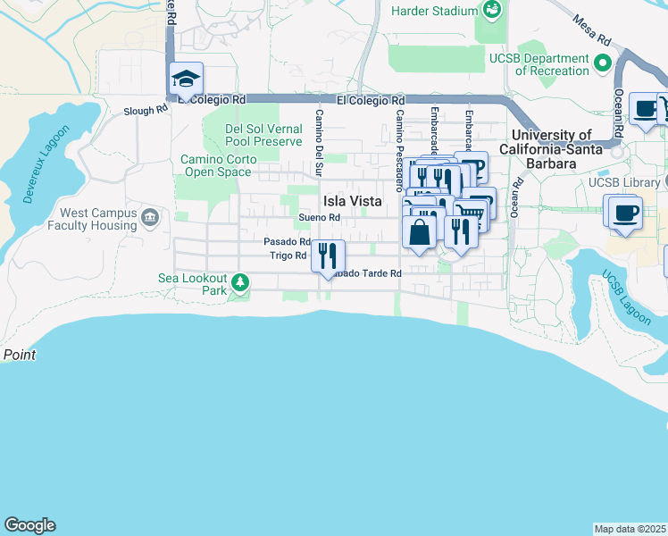 map of restaurants, bars, coffee shops, grocery stores, and more near 6686 Del Playa Drive in Goleta