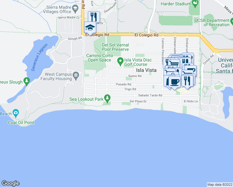 map of restaurants, bars, coffee shops, grocery stores, and more near 6762 Sabado Tarde Road in Goleta
