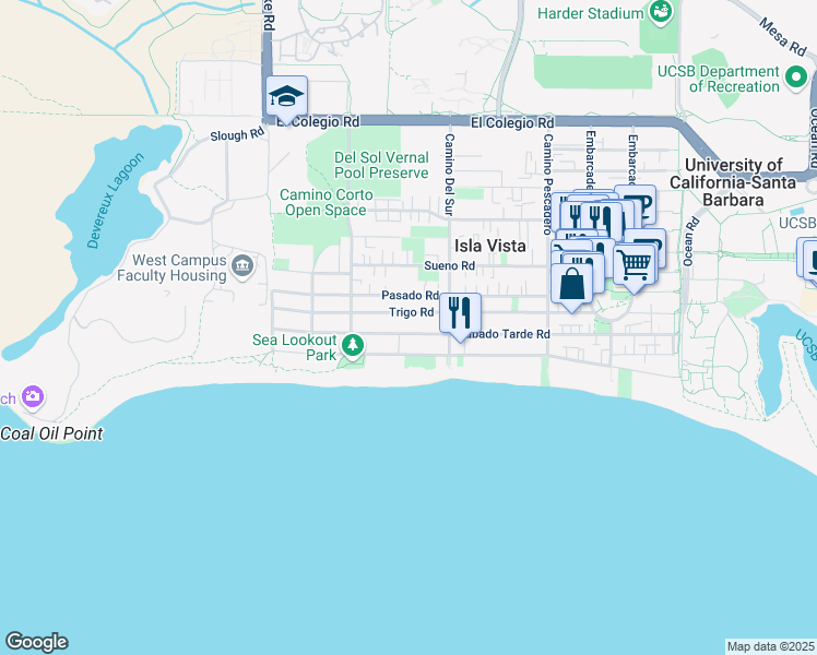 map of restaurants, bars, coffee shops, grocery stores, and more near 6744 Sabado Tarde Road in Goleta