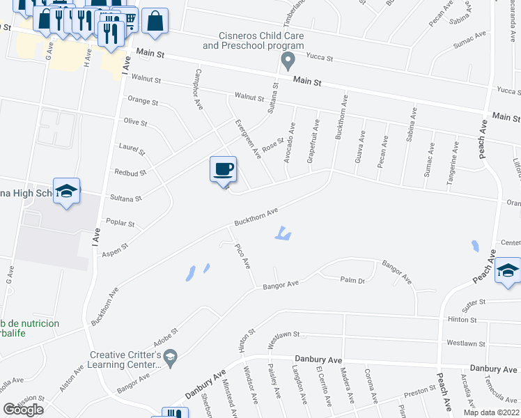 map of restaurants, bars, coffee shops, grocery stores, and more near 17766 Buckthorn Avenue in Hesperia