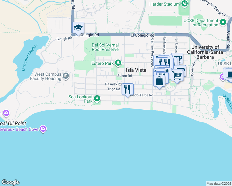 map of restaurants, bars, coffee shops, grocery stores, and more near 6728 Del Playa Drive in Goleta