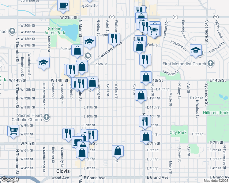 map of restaurants, bars, coffee shops, grocery stores, and more near 1201 Wallace Street in Clovis