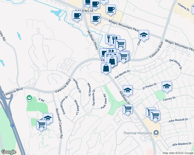 map of restaurants, bars, coffee shops, grocery stores, and more near 24155 Del Monte Drive in Santa Clarita