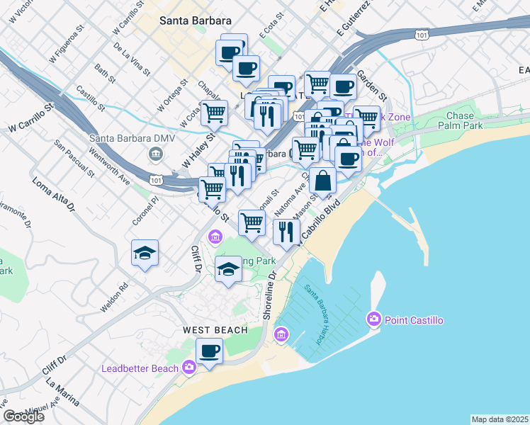 map of restaurants, bars, coffee shops, grocery stores, and more near 104 Bath Street in Santa Barbara