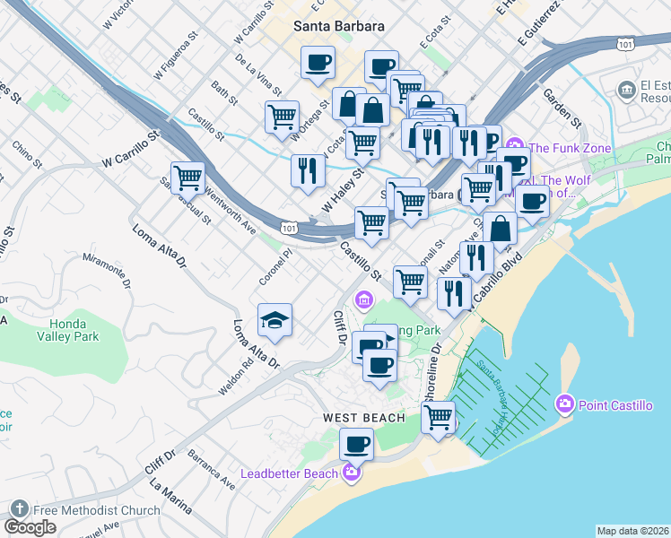 map of restaurants, bars, coffee shops, grocery stores, and more near 304 Rancheria Street in Santa Barbara