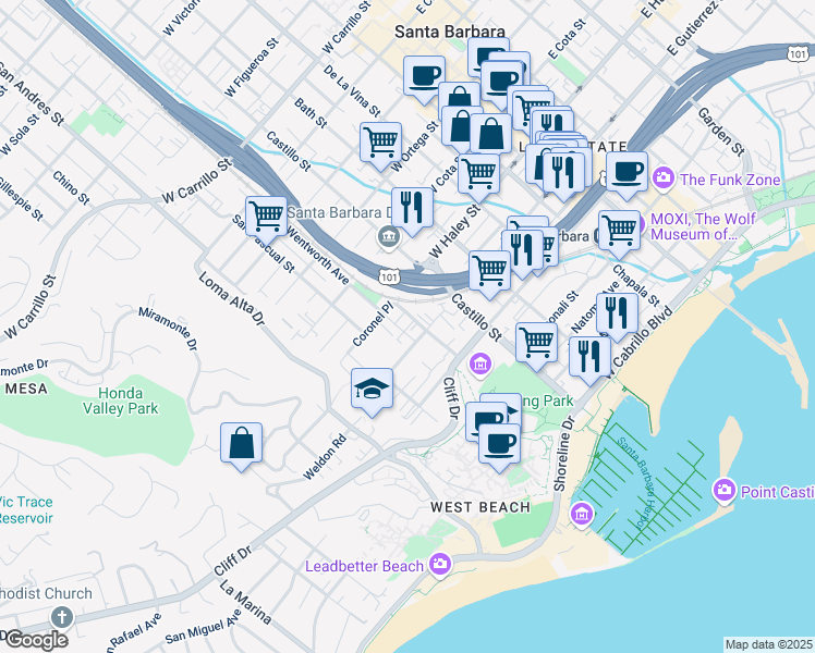 map of restaurants, bars, coffee shops, grocery stores, and more near 513 West Gutierrez Street in Santa Barbara