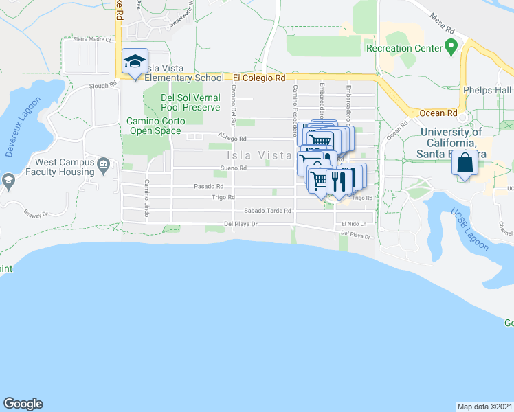 map of restaurants, bars, coffee shops, grocery stores, and more near 6647 Del Playa Drive in Goleta